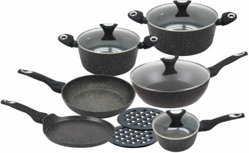 Klausberg 7201 Pannenset - 12 Delig - Keramische/marmer Coating - Gesmeed Aluminium - Alle Warmtebronnen - Zwart