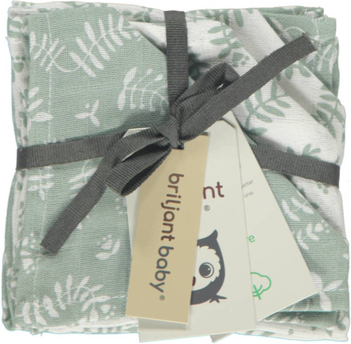 Briljant Baby hydrofiel monddoekje Botanic organic 30x30 cm - set van 4 grijsgroen