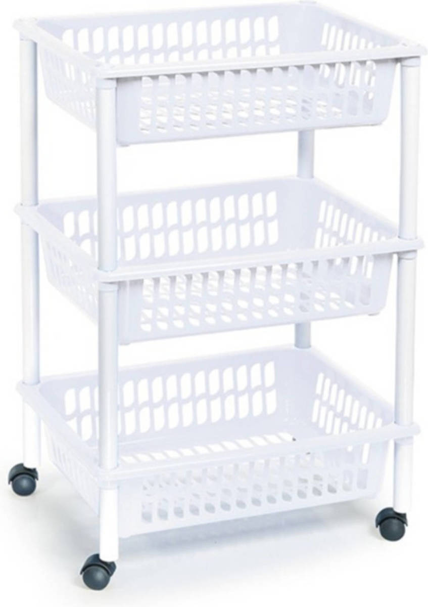 Forte Plastics Opberg Trolley/roltafel/organizer Met 3 Manden 40 X 30 X 61,5 Cm Wit/wit - Etagewagentje/karretje Met Opbergkratten
