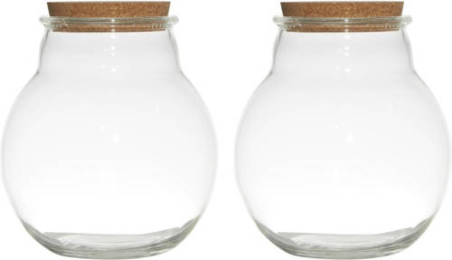 Bellatio Design Set Van 2x Stuks Glazen Voorraadpotten/snoeppotten/terrarium Vazen Van 19 X 21.5 Cm Met Kurk Dop - Bewaarpot/opslagpot