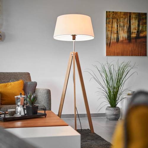 Lucande Textiel vloerlamp Thea met massief eiken frame