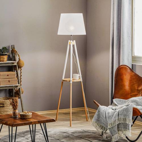 EULUNA Vloerlamp Vaio driebeen-houten frame, witte kap