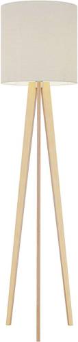 Lucande Textiel-vloerlamp Nida met driepoot houten frame