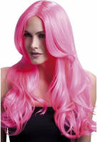 Smiffy's Luxe Neon Roze Pruik Met Lange Pony En Krullen - Verkleedpruiken