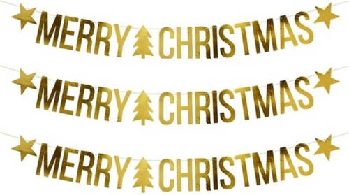 Bellatio Design 3x Gouden Merry Christmas Diy Kerst Banners Slingers 20 X 175 Cm - Feestslingers