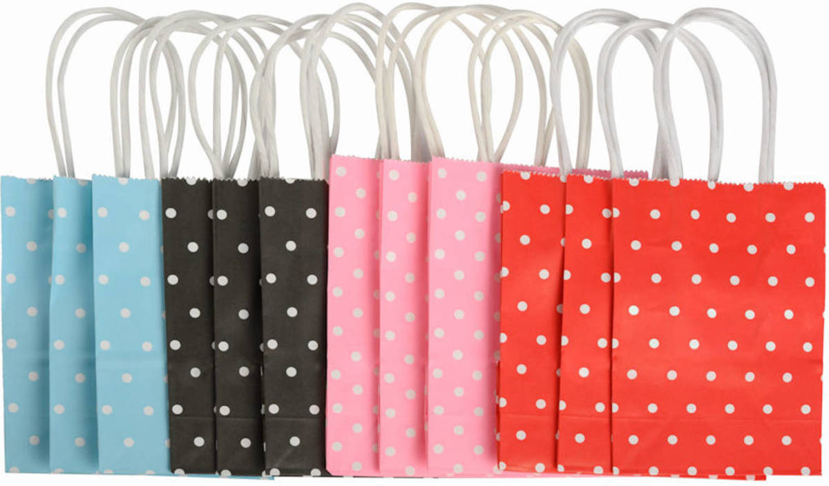 Decopatent 12 Stuks Gekleurde Papieren Zakjes Met Witte Stippen Met Handvat