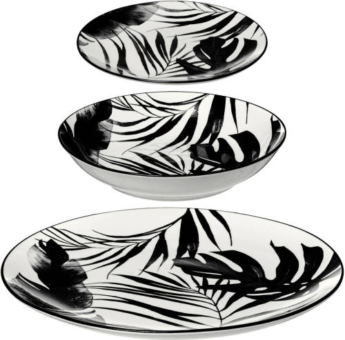 4Goodz Porseleinen Servies 6 Persoons 18 Delig - Palm Zwart