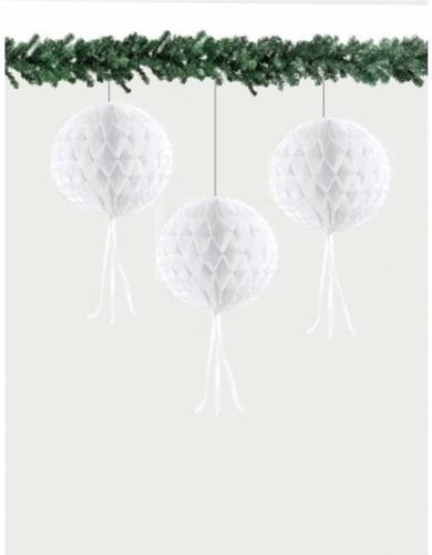 Bellatio Decorations 3 Papieren Kerst Decoratie Ballen Wit 30 Cm - Hangdecoratie