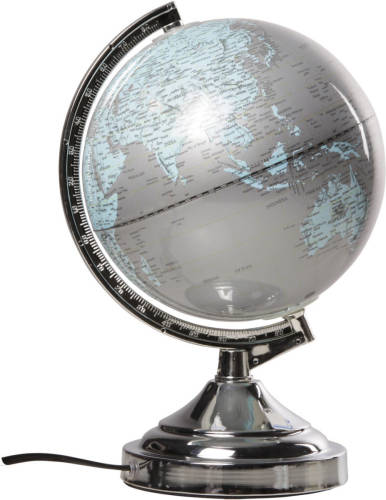 Bellatio Decorations Decoratie Wereldbol/globe Zilver Met Verlichting Op Metalen Voet 20 X 32 Cm - Wereldbollen