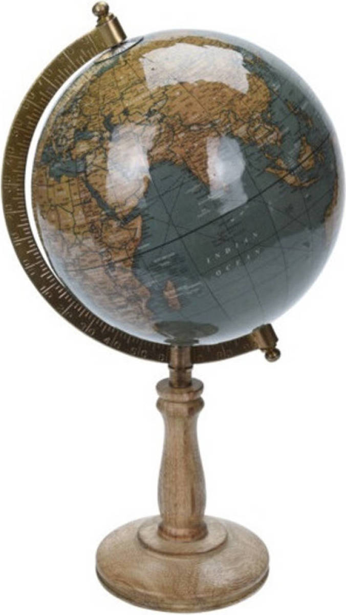 Bellatio Decorations Decoratie Wereldbol/globe Blauw Op Mangohouten Voet 16 X 32 Cm - Wereldbollen