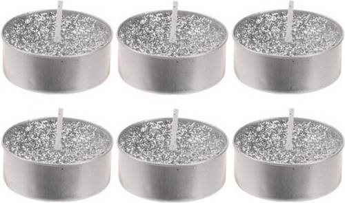 Bellatio Decorations 6x Zilveren Glitter Waxinelichtjes/theelichtjes 6 Cm - Zilveren Kersttafel Kaarsen