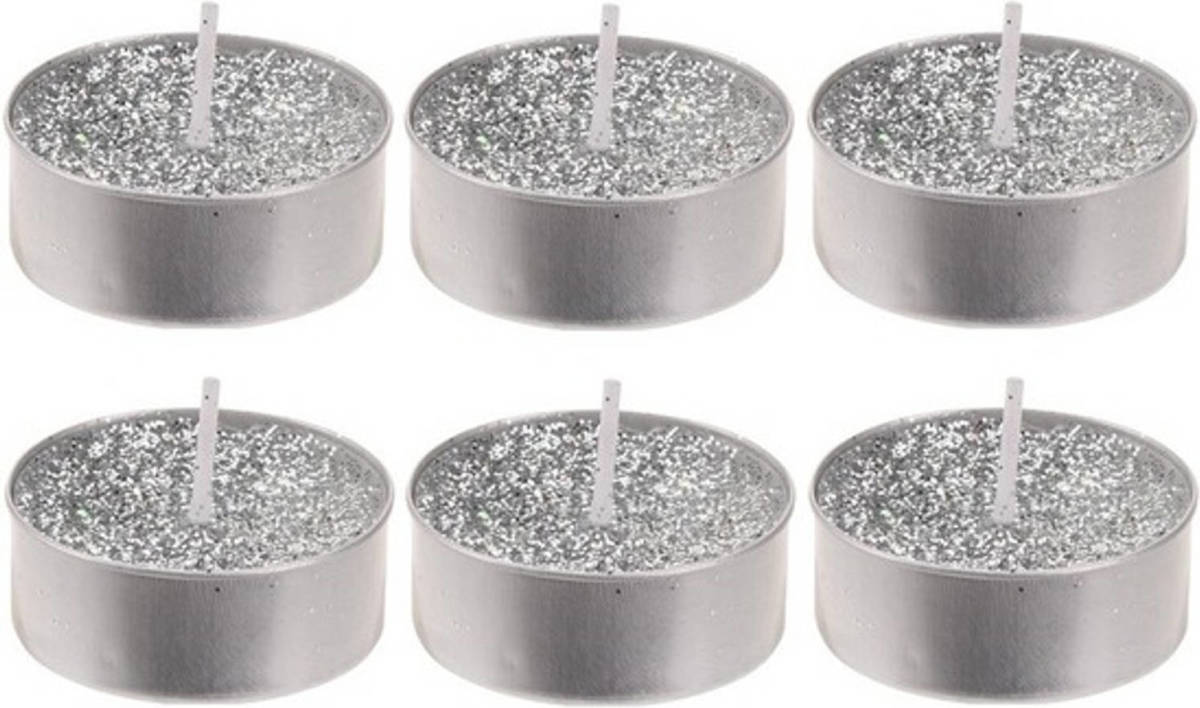 Bellatio Decorations 6x Zilveren Glitter Waxinelichtjes/theelichtjes 6 Cm - Zilveren Kersttafel Kaarsen