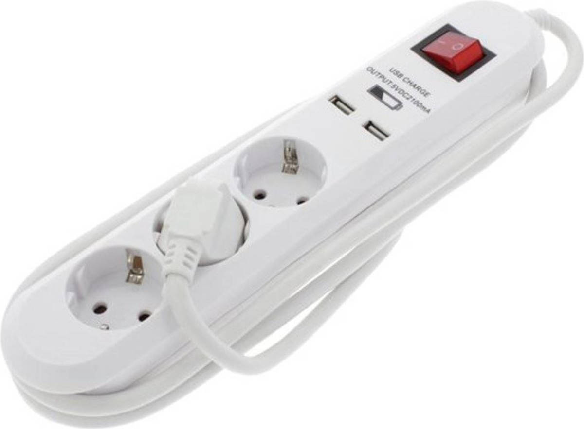 Q-Link Tafelcontactdoos 3-voudig +Ra + Schakelaar + 2 Usb Ingangen 1,5m Wit