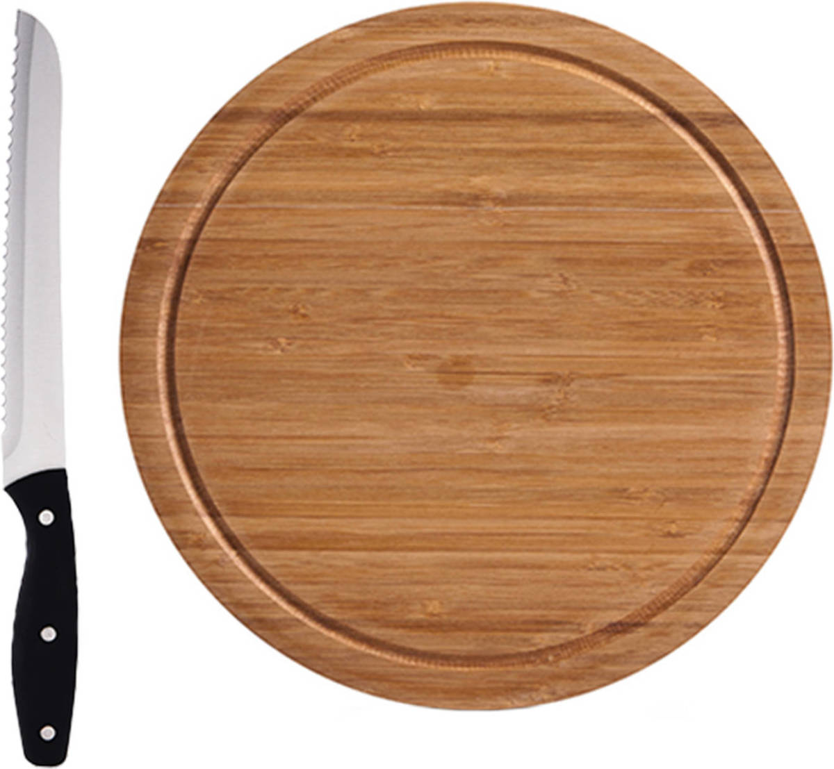 Zeller Ronde Bamboe Houten Snijplanken Met Sapgroef 25 Cm Inclusief Rvs Broodmes 33 Cm - Snijplanken