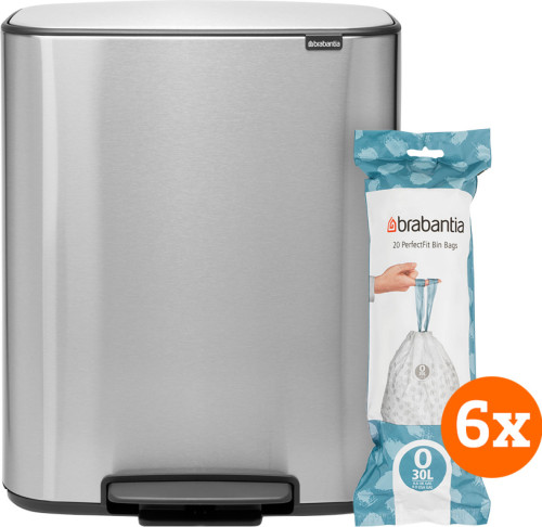 Brabantia Bo Pedal Bin 2 x 30 Liter RVS Fingerprint proof + Vuilniszakken (120 stuks)