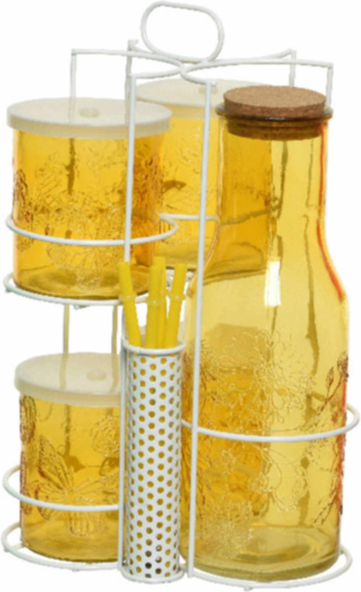 Decoris Gele Karaf/sapkan/schenkkan 1 Liter Met 4 Mason Jars En Rietjes - Schenkkannen