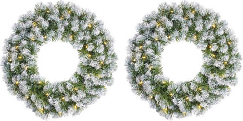 Mica Decorations Set Van 2x Stuks Kerstkransen/deurkransen Groen Met Verlichting 30 Leds En Sneeuw 60 Cm - Deurkransen/voordeur Kransen