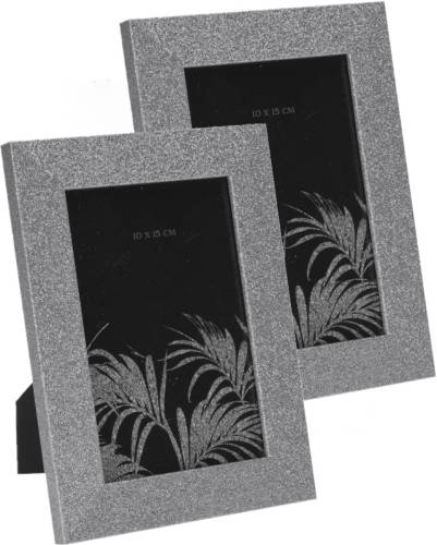 Bellatio Design Set Van 2x Stuks Fotolijstje/fotoframe 14 X 19 Cm Met Zilver Mdf Glitter Rand - Fotolijsten