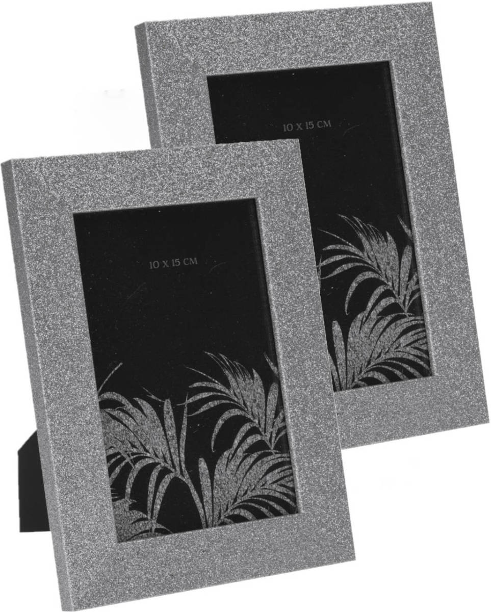 Bellatio Design Set Van 2x Stuks Fotolijstje/fotoframe 14 X 19 Cm Met Zilver Mdf Glitter Rand - Fotolijsten