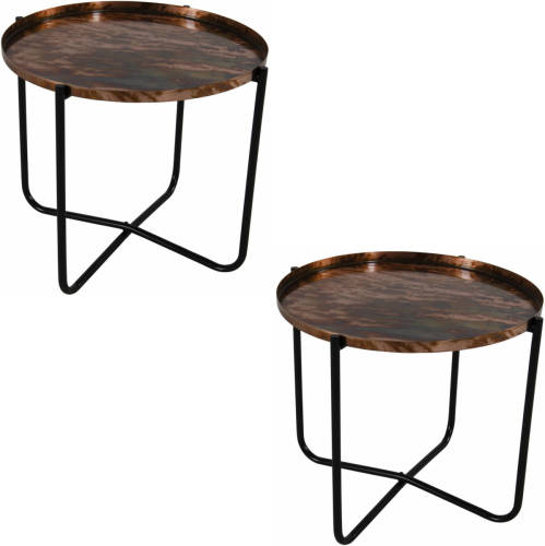 Lesli Living 2x Stuks Ronde Bijzettafels/plantenstandaarden Koper/zwart 35 Cm - Plantenhouder/plantentafel/oppottafel