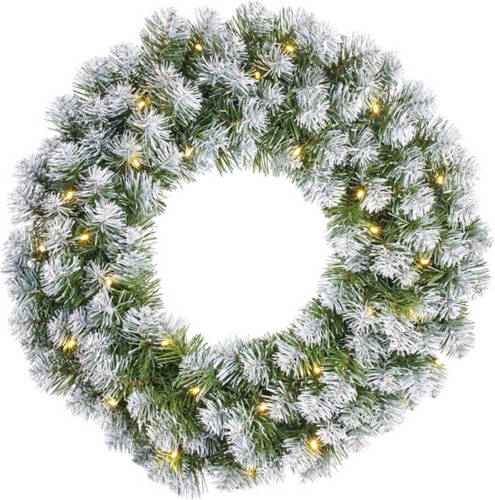 Mica Decorations Kerstkrans/deurkrans Groen Met Verlichting 30 Leds En Sneeuw 60 Cm - Deurkransen/voordeur Kransen