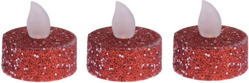 Bellatio Decorations 12x Stuks Led Theelichtjes/waxinelichtjes Rood Glitter - Led Kaarsen