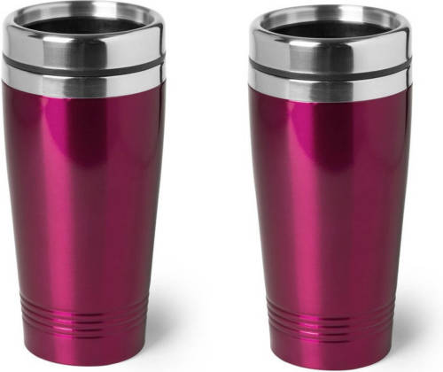 Bellatio Design 2x Stuks Isoleerbeker Rvs Metallic Fuchsia Roze 450 Ml - Thermosbeker