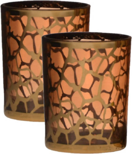 Bellatio Design 2x Stuks Theelichthouders/waxinelichthouders Giraffe Print Glas Goud 12.5 X 10 Cm - Waxinelichtjeshouders