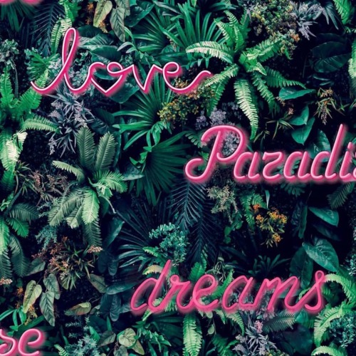 Good Vibes Behang Neon letter with plants groen en roze