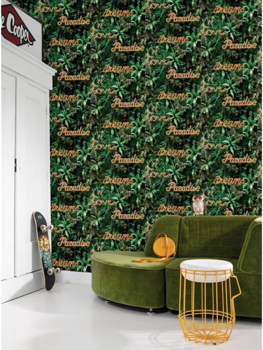 Good Vibes Behang Neon letter with plants groen en oranje