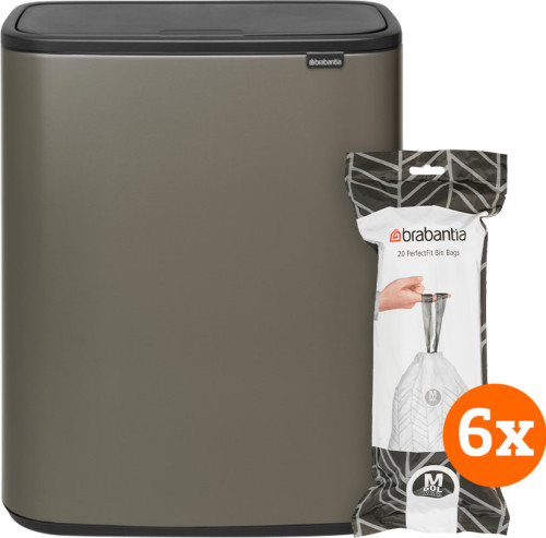 Brabantia Bo Touch Bin 60 Liter Platinum + Vuilniszakken (6 x 20 stuks)