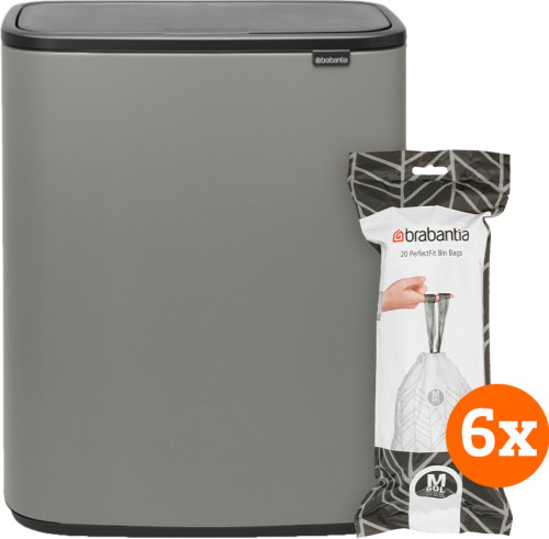 Brabantia Bo Touch Bin 60 Liter Mineral Concrete Grey + Vuilniszakken (6 x 20 stuks)