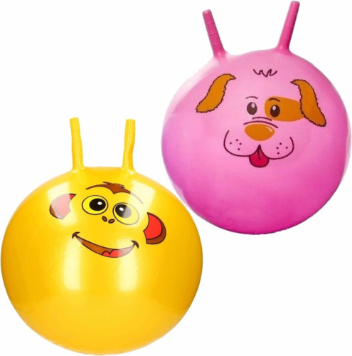 Merkloos 2x stuks speelgoed Skippyballen met dieren gezicht roze en geel 46 cm