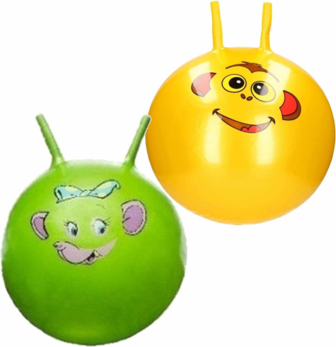 Merkloos 2x stuks speelgoed Skippyballen met dieren gezicht geel en groen 46 cm