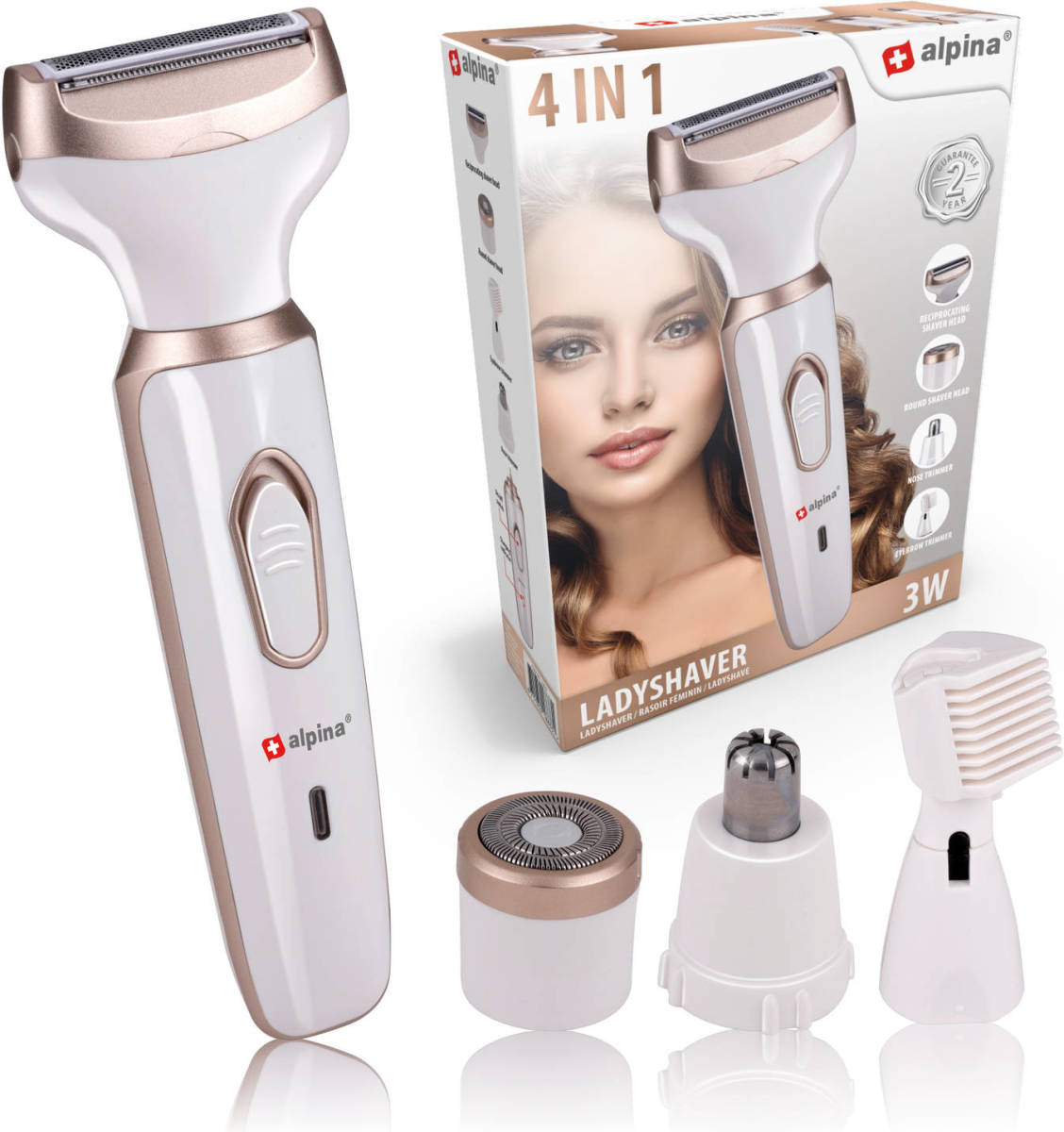 Alpina Ladyshave - Scheerapparaat Vrouwen - 4-in-1 - Lichaam En Gezicht - Incl. Wenkbrauwtrimmer - Oplaadbaar