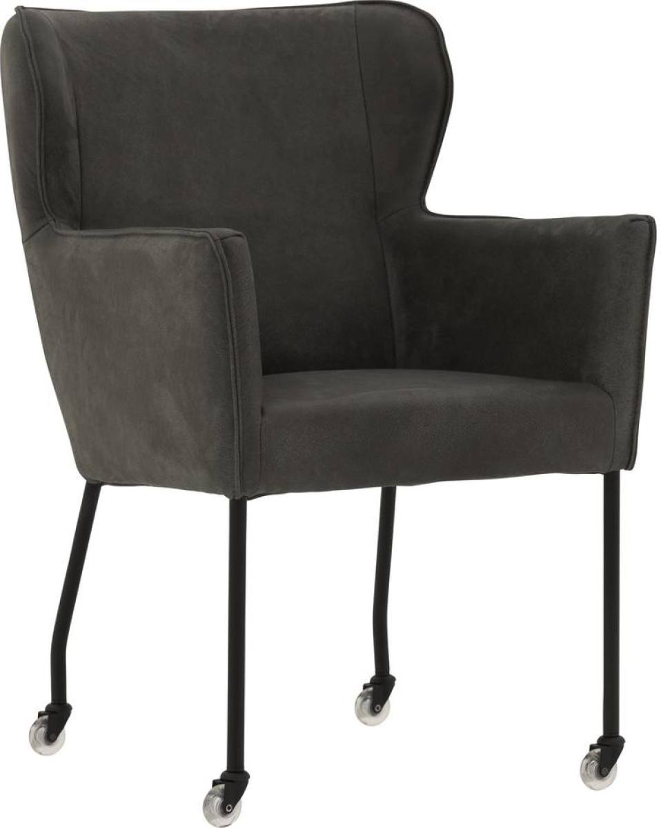 Goossens Excellent Eetkamerstoel Leogang zwart leer met armleuning en met wielen, elegant chic