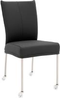 Goossens Eetkamerstoel Funk RVS Poten donkergrijs leer leuning en Transparant skater wiel met rvs kapmet wielen, modern design