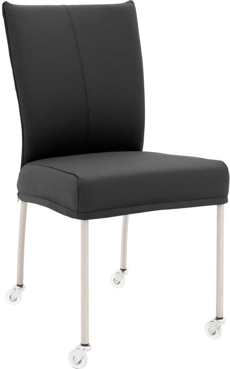 Goossens Eetkamerstoel Funk RVS Poten donkergrijs leer leuning en Transparant skater wiel met rvs kapmet wielen, modern design