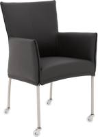 Goossens Eetkamerstoel Funk RVS Poten donkergrijs leer met armleuning en Transparant skater wiel met rvs kapmet wielen, modern design