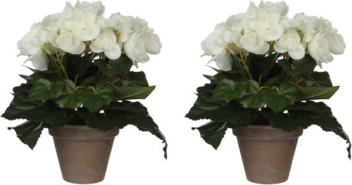 Mica Decorations 2x Stuks Witte Begonia Kunstplant Met Bloemen 25 Cm In Grijze Pot - Kunstplanten/nepplanten - Voor Binnen