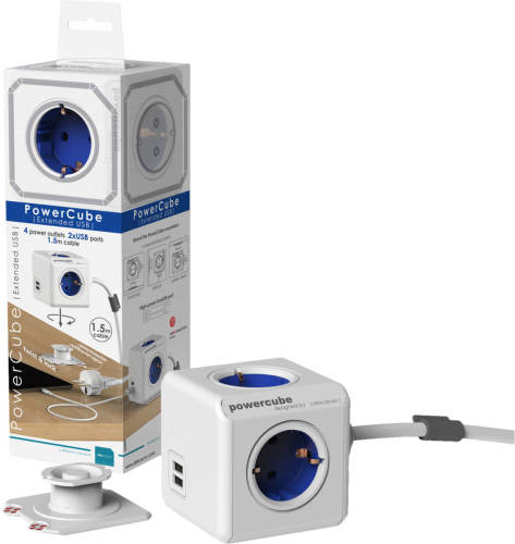 Allocacoc Powercube Extended Duo Usb 4 Stopcontacten Met 2x Usb Lader - Blauw