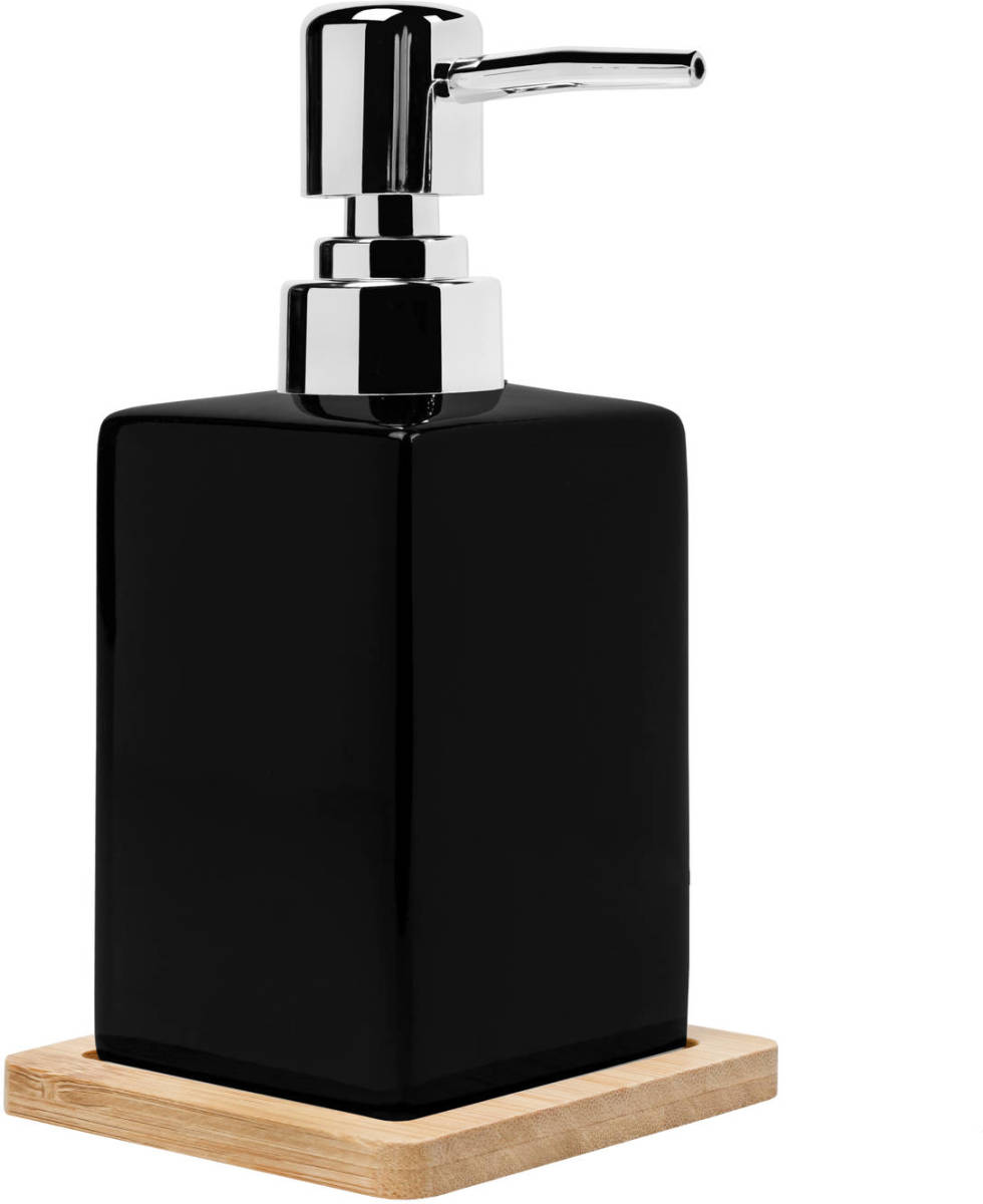 QUVIO Zeep Dispenser Met Houten Onderzetter - Zwart