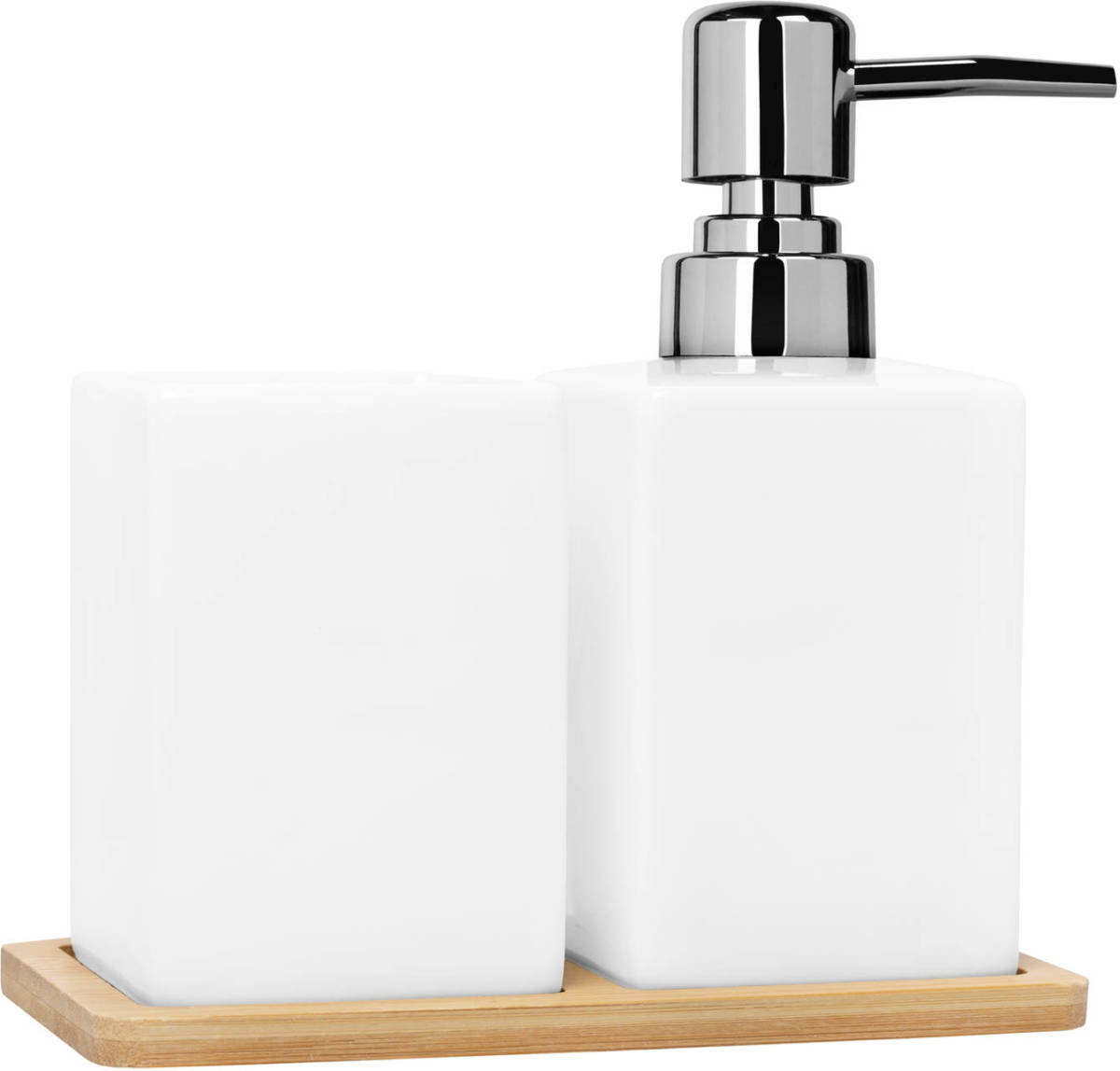 QUVIO Zeep Dispenser + Bakje Met Houten Onderzetters - Wit