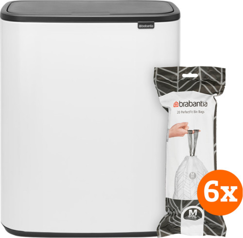 Brabantia Bo Touch Bin 60 Liter Wit + Vuilniszakken (2 x 60 stuks)