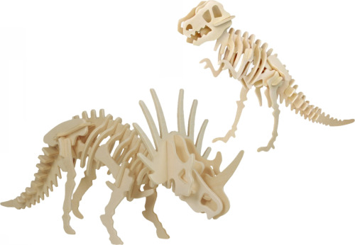 Merkloos Houten 3D dino puzzel bouwpakket set T-rex en styracosaurus