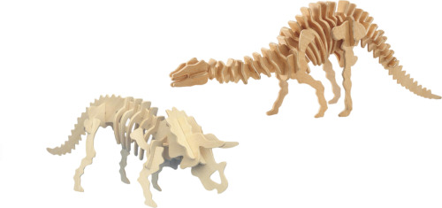 Merkloos Houten 3D dino puzzel bouwpakket set Triceratops en Apatosaurus/langnek