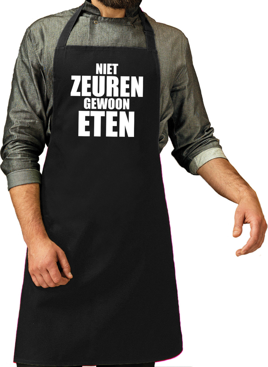Bellatio Decorations Niet zeuren gewoon eten fun tekst barbecueschort / keukenschort volwassenen zwart