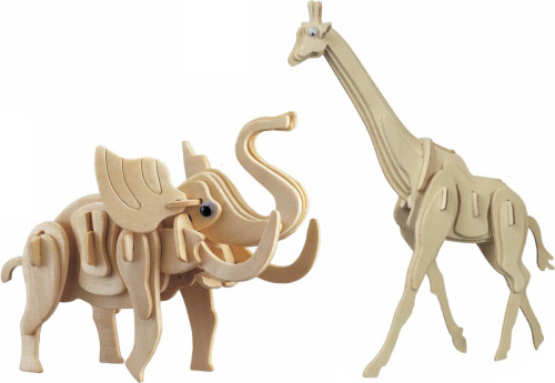 Merkloos Houten 3D dieren puzzel bouwpakket set Olifant en Giraffe