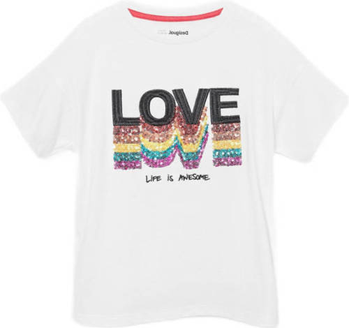 Desigual T-shirt met tekst en pailletten wit