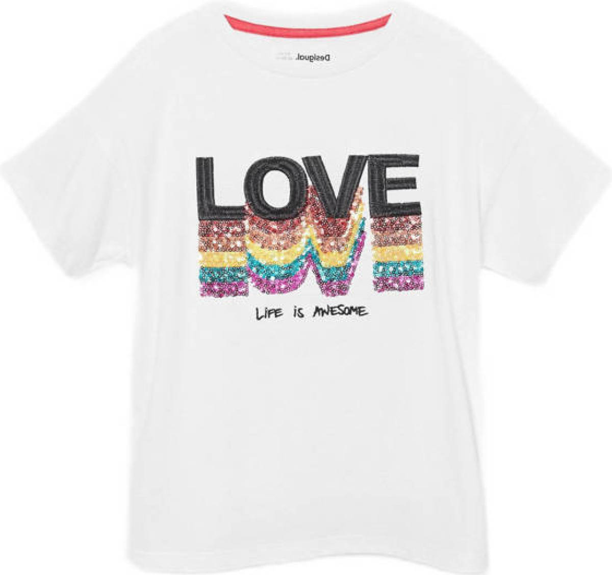 Desigual T-shirt met tekst en pailletten wit